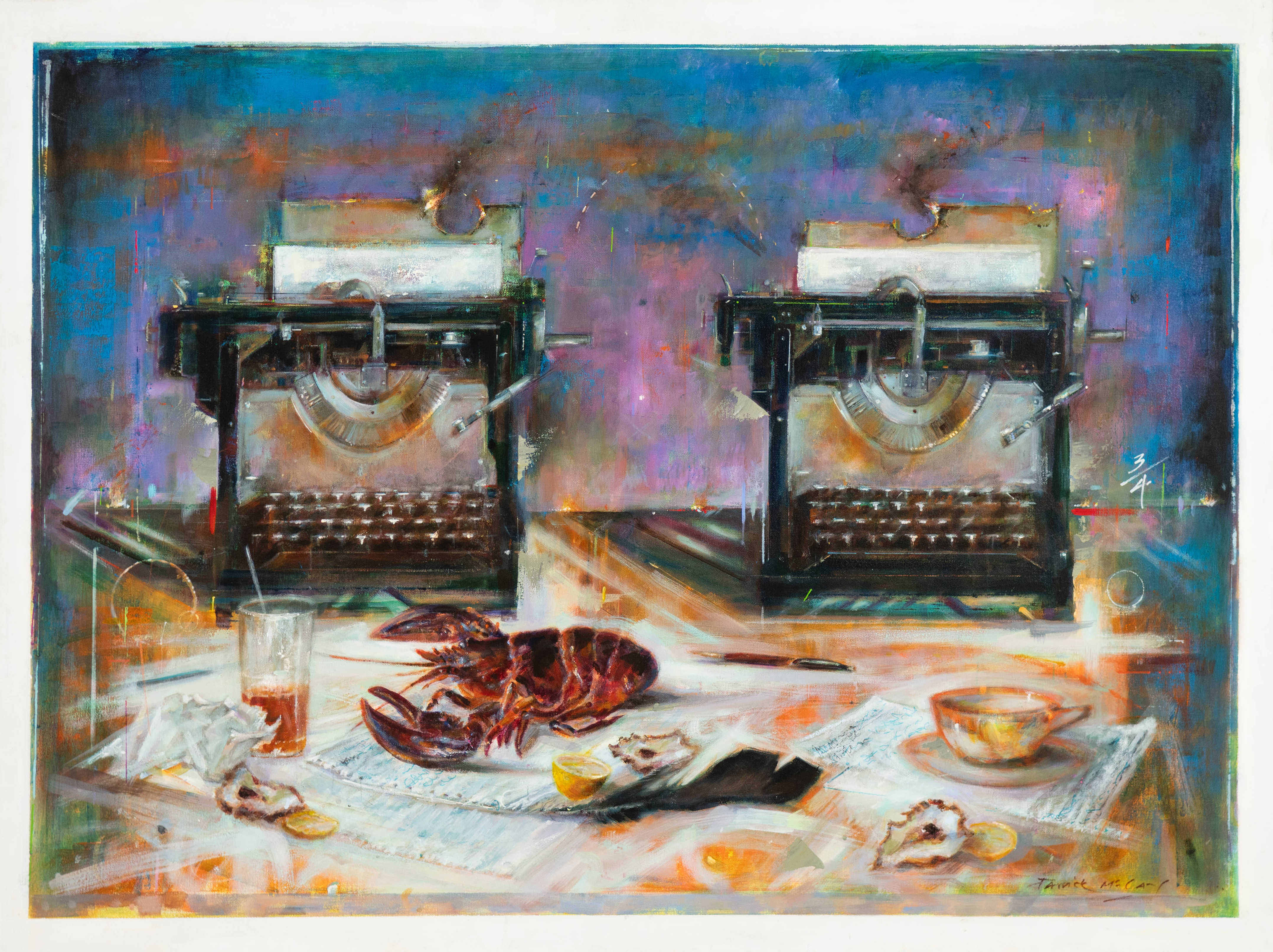 Patrick McCay's "Writers on a New England Stage." Two typewriters are side by side, the paper on both is slightly smoking. In front of the typerwriters are a collection of assorted items, including a lobster, a half-empty glass of orange liquid, oyster shells, a tea cup with saucer, and a black feather. All the items are on top of sheets of white paper.